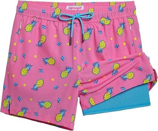 Mens Swim Trunks with Compression Liner 5" Stretch Beach Shorts Quick Dry with Zipper Pockets No-Chafing Board Shorts