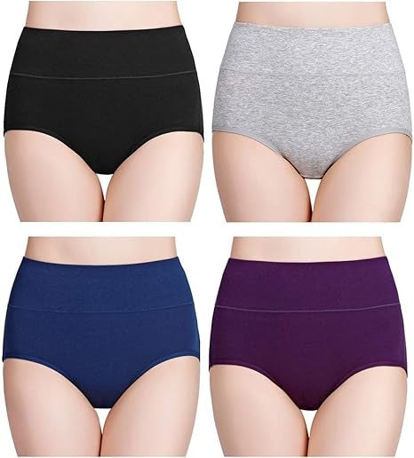 Women's Cotton Underwear High Waisted Ladies Panties Full Coverage Briefs 4 Pack (Regular & Plus Size)